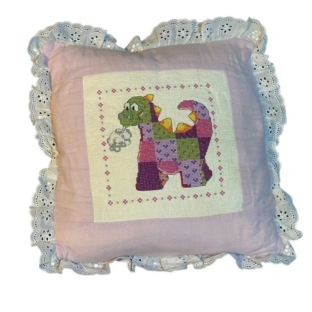 Vtg Handmade Puff the Magic Dragon Cross-stitch Pillow‎ Pink White Lace 13x13